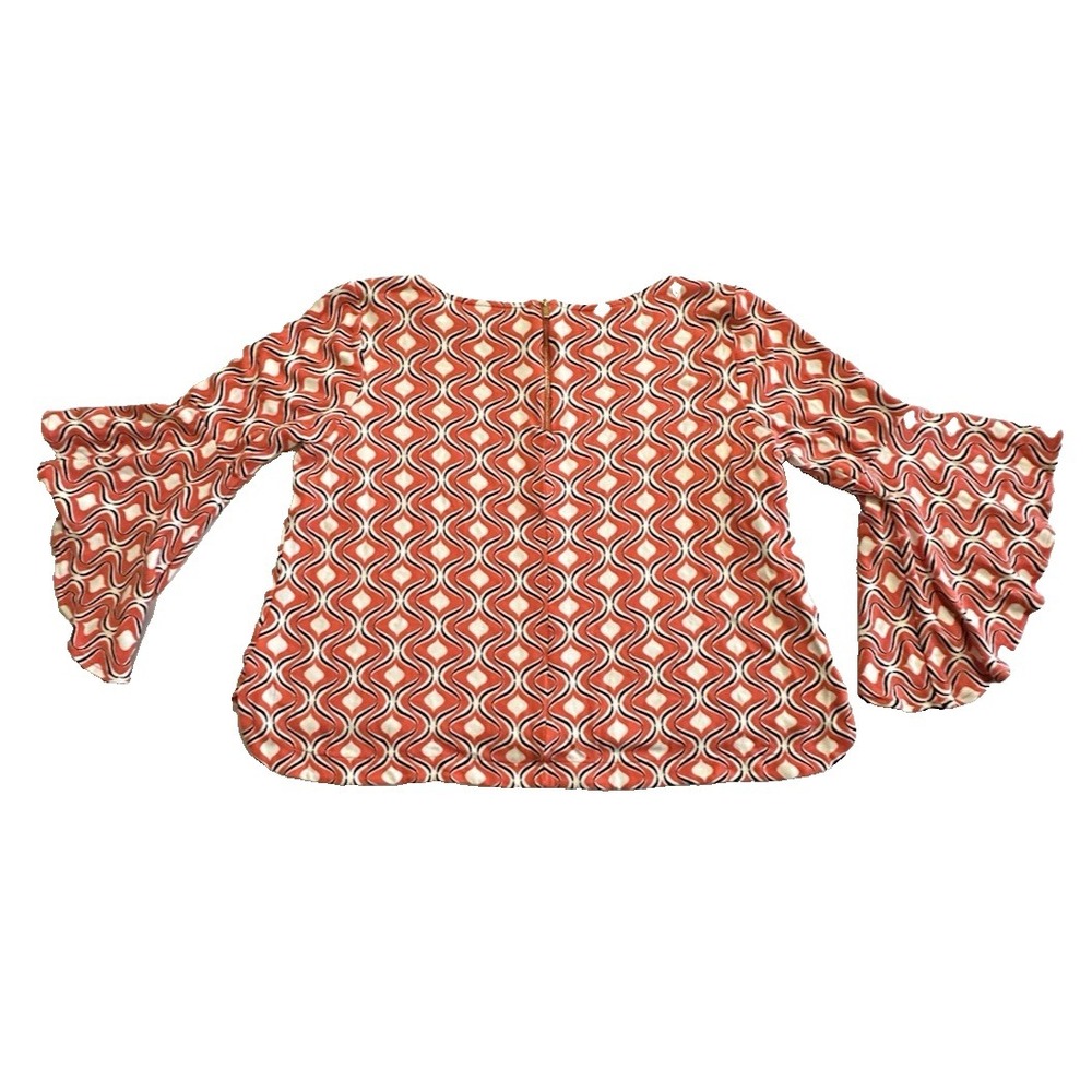 Crown & Ivy Women's Small Bell Sleeve Geometric Knit Top Orange Retro Mod Boho